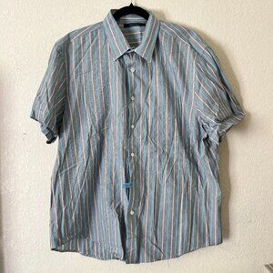 Perry Ellis Mens XXL White Blue Striped Button Up Short Sleeve Cotton Shirt